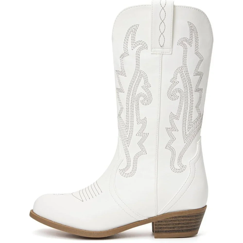 ⚡Girls White Kids Western Boots Embroidered Cowgirl Boots Riding Shoes Mid Calf
